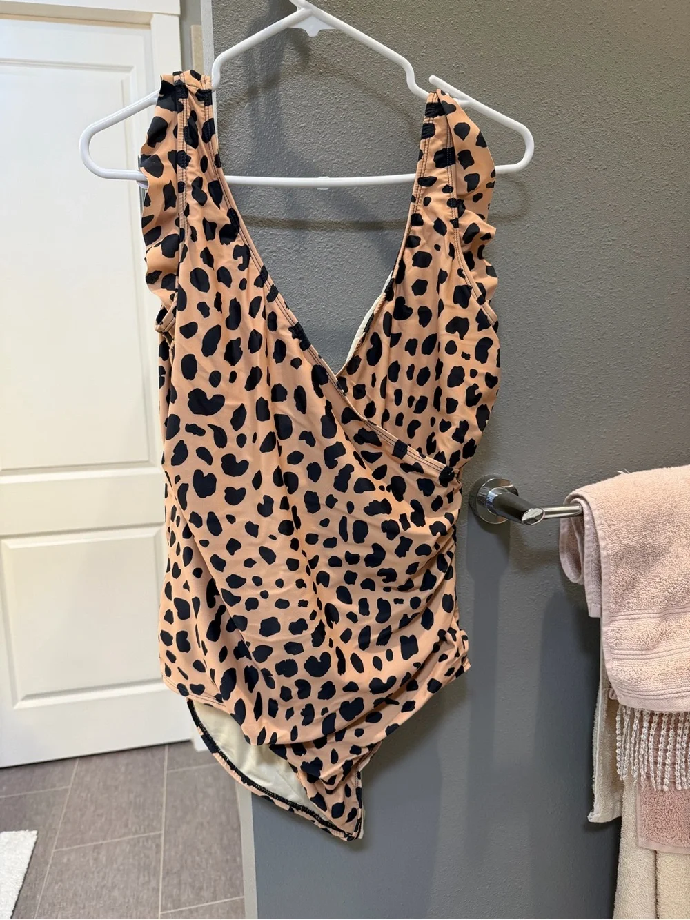 Leopard-Print Wrap One-Piece Swimsuit in Tan and Black